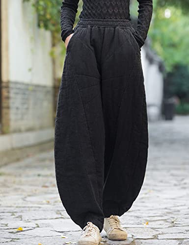 NFYM Women Quilted Pants Winter Warm Thick Cotton Linen Casual Wide Leg Elastic Waist Pocket Lantern Trousers2