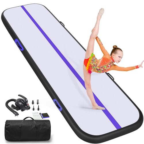Air Gymnastics Tumbling Mat, 6.6ft/10ft/13ft/16ft/20ft Inflatable Track Mat for Home/Outdoor Training, 4 inch Thick Gym Mat with Electric Pump for Kids & Adults - Black & Violet by ZAFIED - Used condition - US$72.21