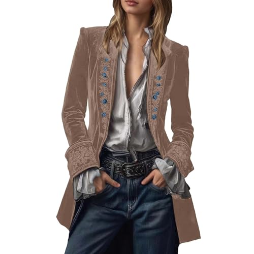 Generisch Chaqueta retro de terciopelo de encaje de manga larga para mujer, chaqueta informal con bordado floral, blusa elegante para invierno (amarillo, S)