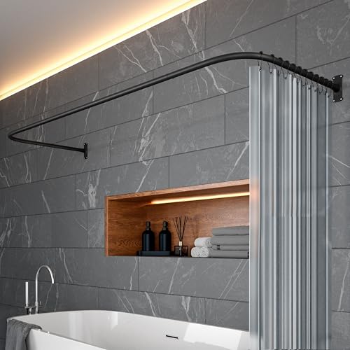 Duschvorhangstange L Form & Duschstange U Form 6 in 1 System inkl. 12 Ringe - Stabile Winkelstange Duschvorhang ohne Deckenhalterung - Duschstange Ecke Rostfrei - Duschvorhangstange Badewanne & Dusche