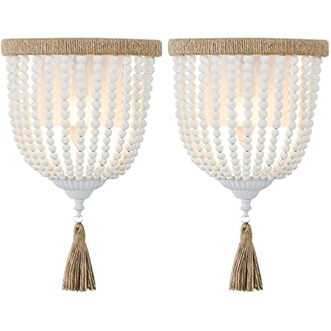 Boho Wood Beaded Wall Light, Hand-Woven Rope Farmhouse Bedside Wall Lamp, White Rustic Bohemia Wall Sconce Lighting Fixture for Bedroom,Hallway,Bathroom,Nursery,Entryway,Living Room,2 Pack Cover