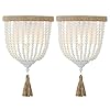 Boho wood beaded wall light hand woven rope farmhouse bedside wall lamp white rustic bohemia wall sconce lighting fixture for bedroomhallwaybathroomnurseryentrywayliving room2 pack  urban country home decor