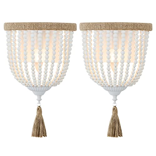 Boho Wood Beaded Wall Light Hand Woven Rope Farmhouse Bedside Wall Lamp White Rustic Bohemia Wall Sconce Lighting Fixture for BedroomHallwayBathroomNurseryEntrywayLiving Room2 Pack
