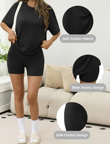 Flevita Womens Loungewear Oversized T-shirts and Biker Shorts Black S - image 4