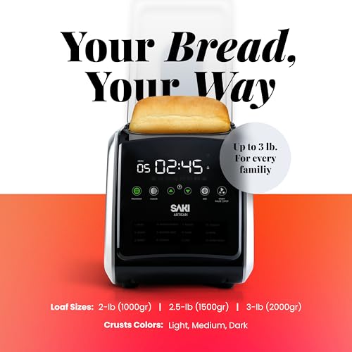 SAKI Bread Maker Machine, 3 LB XL 12-in-1 Programmable, BPA-Free & Nonstick Ceramic Pan, Digital Touch Panel, 3 Loaf Sizes, 3 Crust Colors, Gluten-Free, Dough, Jam, Yogurt, Keep Warm, Recipes