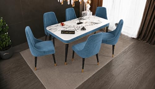 Image of WOODEN SPACE 6-Seater Wooden Dining Table Set | Nano Composite Marble Top | Solid Wood Base | Modern Dining Room Furniture with 6 Chairs (Blue Vento)