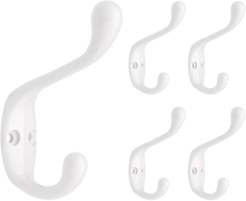 Franklin Brass 3 in. Heavy Duty (5-Pack) Coat and Hat Wall Hooks Double Hooks for Hanging White Wall Mount Hanger Backpack, Purse, Bag, Towel Organization Decorative Wall Hooks B42302M-W-C