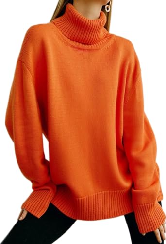 Women's Turtleneck Sweater Pure Color Long Sleeve Oversized Sweaters Loose fit Chunky Knit Sweaters Ribbed Fall Sweater