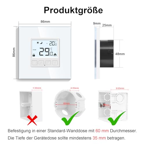 CNBINGO Digitaler Raumthermostat Unterputz mit Fühler, Thermostat für Wasser Fußbodenheizungen und Boiler, Wandthermostat für Heizung und Kühlungssysteme, Weiß mit Glasrahmen