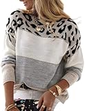 FindThy Women’s Leopard Printed Striped Sweater Crewneck Knitted Long Sleeve Color Block Pullover(0784-Grey-M-aLB)