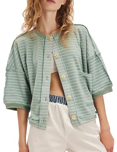 Women’s Y2K Striped Cardigan Sweatshirt 3/4 Sleeve Button Down Cardigans Lightweight Summer Tops Trendy(LightGreen-L)