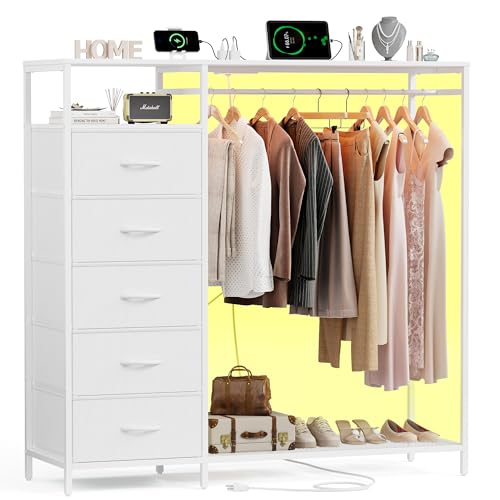 Image of 47 Inch White Dresser with LED Lights & Hanging Rack, 5 Drawer Fabric Dresser with Charging Station and Shelves, Tall Closet Organizer for Bedroom Clothes Storage