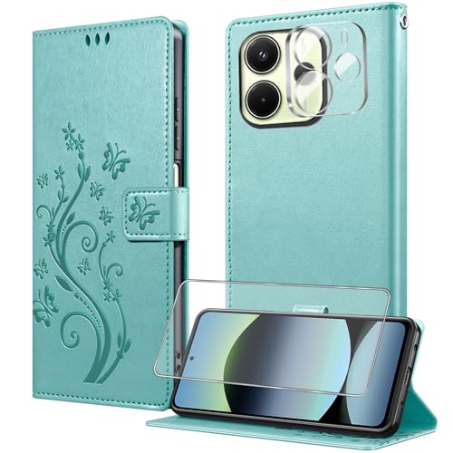 MQERYBV Funda para Xiaomi Redmi Note 14 4G,Protector Pantalla y 1 Protector Lente Cámara,Carcasa Libro con Tapa Piel Cuero PU de Calidad Soporte Plegable Ranuras para Tarjetas Magnético Case   Verde