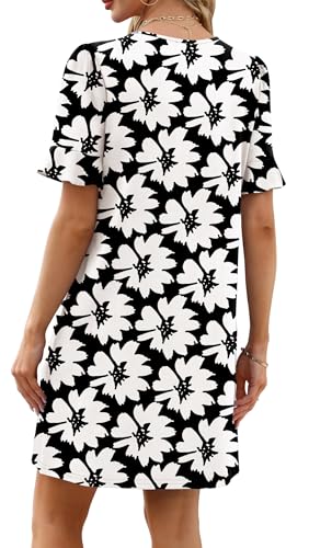 Image of OFEEFAN Summer Dresses for Women Ruffle Short Sleeve V Neck Casual Shift Dress with Pockets