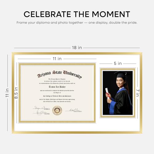 Image of Homeforia 11x18 Gold Diploma Frame with Photo, High End Metal 11 x 18 Certificate Frames with Mat for 8.5 x 11 inches Diploma and 5 x 7 Picture, Award Degree Frames, Tempered Glass, Wall Kit, Set of 1
