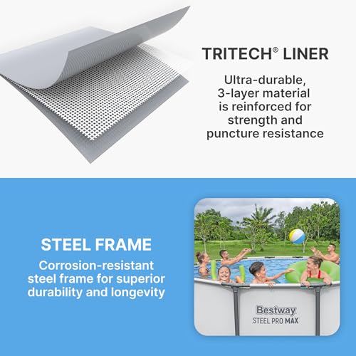 Bestway Steel Pro MAX 15 Foot by 48 Inches Round Above Ground Family Swimming Pool Set Outdoor Steel Frame with Filter, Pump, Ladder, and Cover, Gray