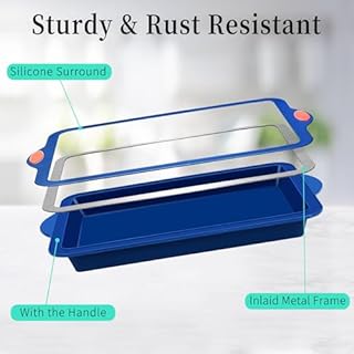 To encounter Silicone Baking Pans Set, 4 Pieces Nonstick Bakeware Set with Baking Pans, Baking Sheets, Cookie Sheets, Cake Pan with Metal Reinforced Frame More Strength, Navy Blue