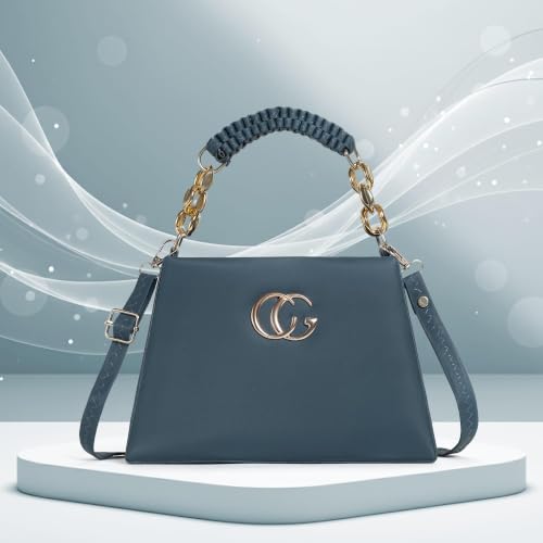 Image of Black Structured Handbag with Gold Chain Handle and Woven Crossbody Strap, Faux Leather