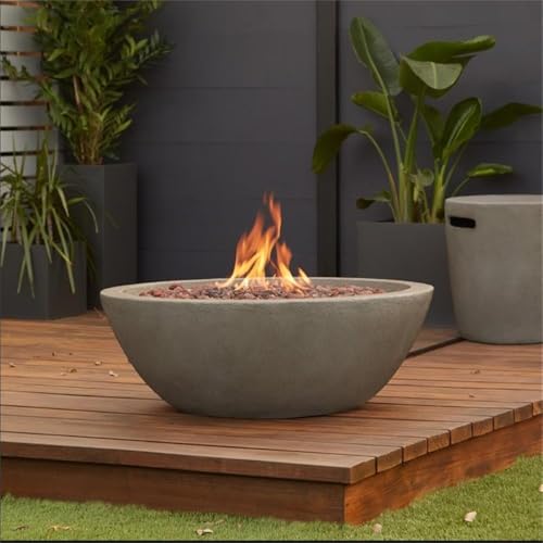 Image of Real Flame Riverside 36 inch Round Propane or Natural Gas Fire Pit, Stainless Steel Burners, Natural Gas Conversion Kit Included, 50,000 BTU, Push Button Ignition - Glacier Gray