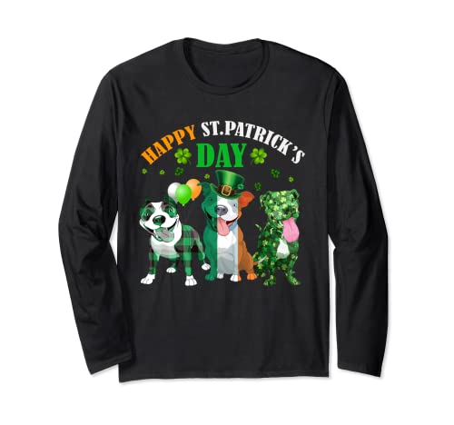 Pitbull irlandés y trébol Plaid St Patricks Day Manga Larga