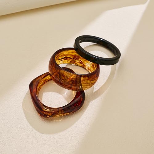 WOWORAMA 3pcs Colorful Resin Acrylic Bangle Bracelets Set for Women Wide Chunky Acrylic Bracelets Stackable Geometric Acetate Resin Bangles Stack Plastic Statement Bracelet