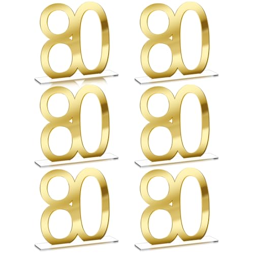 Image of Threehoney 6 Pcs Mirror Gold 80th Birthday Decorations for Men and Women Acrylic Anniversary Decorations Table Numbers Centerpieces for Birthday Party