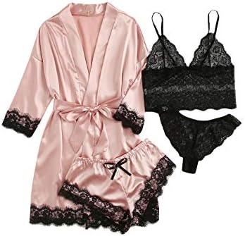 WDIRARA Women' Silk Satin Pajamas Set 4pcs Lingerie Floral Lace Cami Sleepwear with Robe Pink M