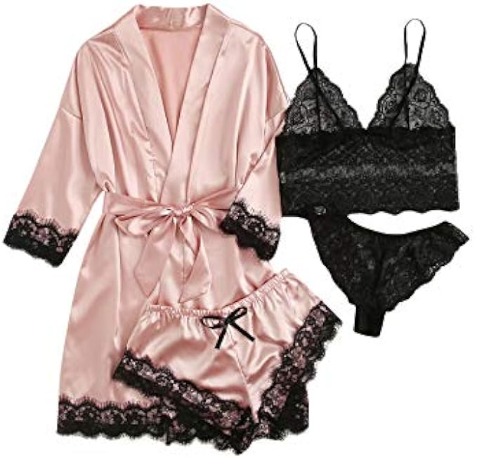 WDIRARA 女式 4 件套缎面花卉蕾丝吊带上衣内衣睡衣套装带睡袍