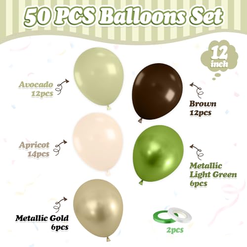 Image of FunHot Sage Green Brown Balloons, 50 Pcs Safari Balloons, Metallic Green Apricot Latex Balloon, 12 Inch Jungle Balloon for Boy Baby Shower Forest Birthday Camo Wild Woodland Party Decorations