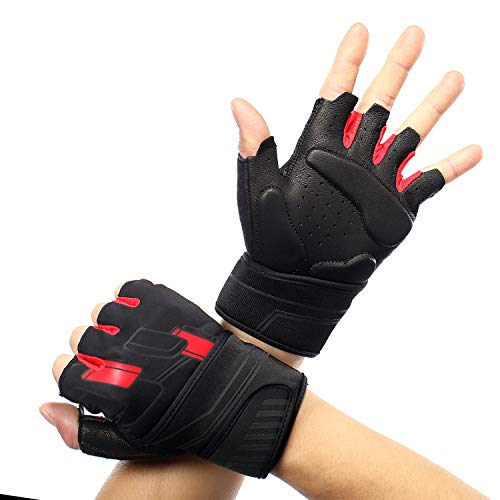 Workout Gloves Men Women Fingerless Leather Weight Lifting Gloves with Wrist Support Padded Palm Protection for Gym Exercise Fitness Training Lifts (Red, Large) by Smilodon - Used condition - Image 4