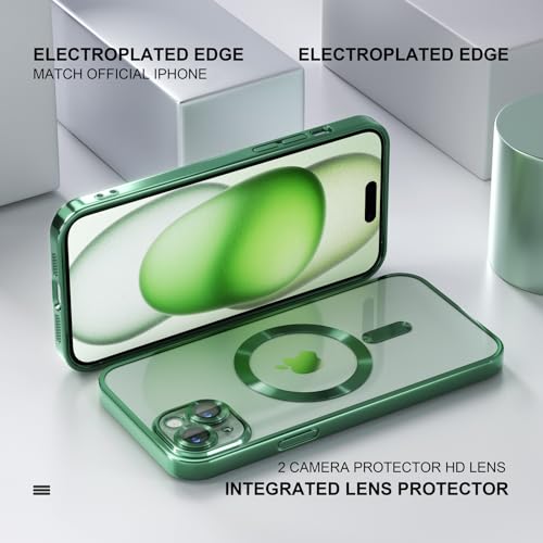 Image of Misea Magnetic for iPhone 15 Case Compatible with MagSafe Green | [Never Yellowing] [Military Drop Protection] Full Camera Lens Protector Plating Soft Clear Phone Case for Women, Green