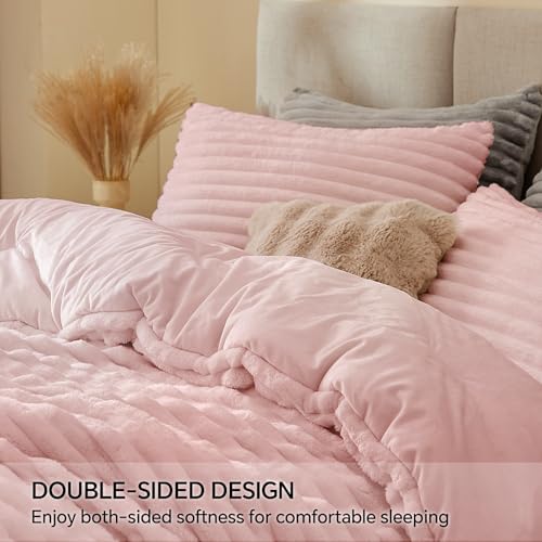 BEDELITE Fleece Oversized Queen Comforter Set -Super Soft & Warm Fluffy Pink Bedding, Luxury Fuzzy Heavy Bed Set for Winter with 2 Pillow Cases