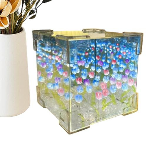 jlceh Espejo de luz nocturna con tulipanes, forma de cubo, flores de tulipanes, luz nocturna de mar, luz nocturna romántica hecha a mano, lámpara de tulipanes mágica, adorno de espejo