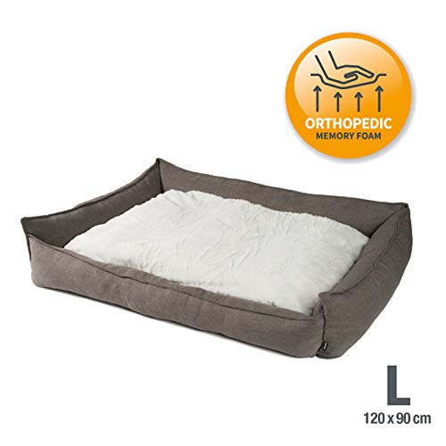 JAMAXX Premium Hundebett in edler Leinen-Optik/Orthopädisch Memory Visco Schaumstoff/Waschbar Bezug Abnehmbar, mit Wendekissen, Hochwertiger Hunde-Korb Hundekörbchen S-XL (120x90 (L), Grey)