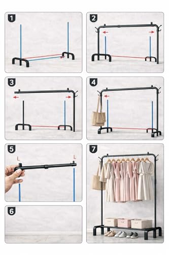 Image of Raawan Heavy Duty Double Rod Clothes Rack with Side Storage Shelves | Metal Garment Stand Organizer | Space Saving Cloth Hanger Stand for Bedroom, Living Room & PG (1 LAYER BLACK)