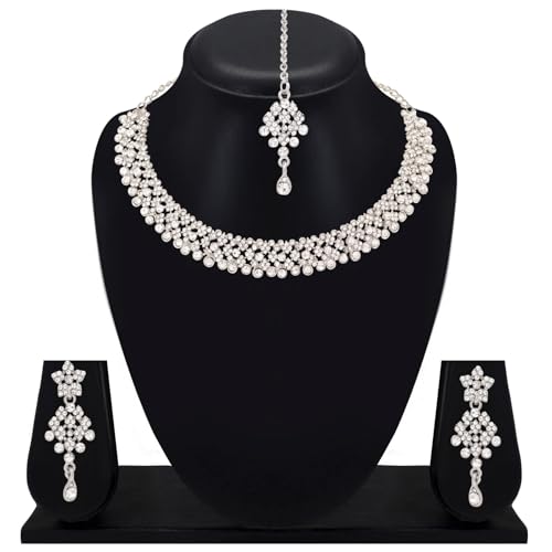 Image of Atasi International Silver Plated Alloy Choker Necklace Jewellery Set with Earrings and Maang Tikka (White)