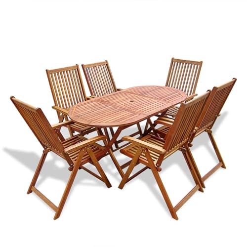 Homgoday Akazienholz ESS-Set mit 6 Klappstühlen | Moderner Gartenmöbel-Set | Holz-Naturfarben | 160x85x75 cm | Für Terrasse und Garten Tisch- und Stuhlsets, Gartenmöbel Model41815