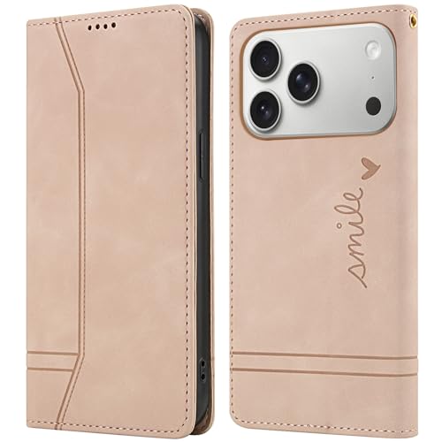 Étui portefeuille en cuir rose clair avec porte-cartes et béquille pour smartphone