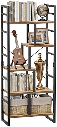 Pipishell 5-Tier Bookshelf, Tall Bookcase Storage Shelf Organizer with Steel Frame, Decorative Industrial Display Shelf, Multipurpose Storage Rack for Bedroom, Living Room, Office, Study, Hallway