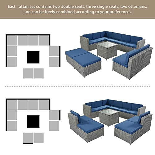Biadnbz 9 Piece Outdoor Sectional Sofa Patio Furniture Set, Woven Pe Rattan Conversation Couch With Coffee Table, Ottoman Garden Backyard Poolside, Blue Cushioned+Grey Wicker #TOP2