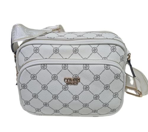 COVERI COLLECTION Bolso mujer bandolera Francesina de ecopiel impresión personalizada multibolsillos bandolera ajustable Dimensiones: 25 X 18 X 9 cm. Art. 80013 BLANCO
