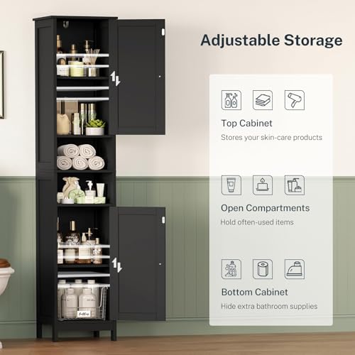 Image of TEENFON 67 inch Tall Bathroom Cabinet with Adjustable Shelves and Doors | Narrow Bathroom Storage Cabinet for Small Space, Living Room, Entryway, Kitchen, Black