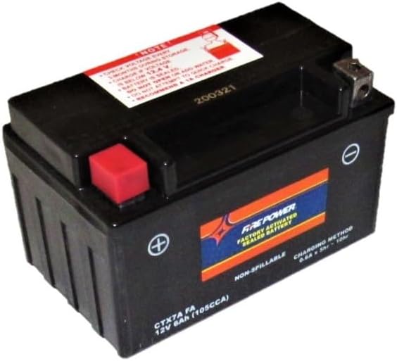 มุม view of a black sealed scooter battery, showing the positive and negative terminals and a label with specifications.