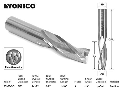 Image of YONICO Upcut Router Bits Spiral 3 Flute Solid Carbide CNC Slow Helix End Mill 3 /8-Inch Dia. 3 /8-Inch Shank 35350-SC