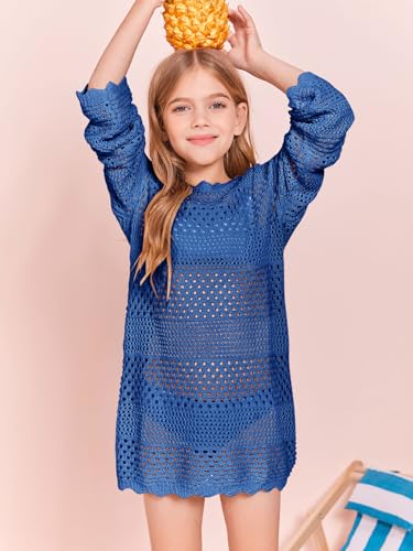 Image of Batermoon Girls Crochet Long Sleeve Swimsuit Cover Up Kids Fashion Hollow Out Swimwear Beach Dress 5-14 Years