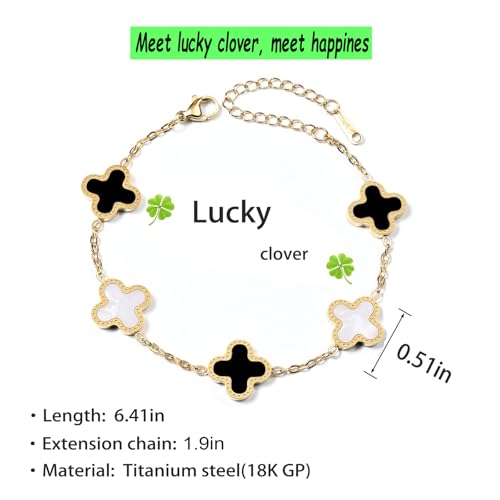 Gold Plated Jewelry Bracelet for Women Van Cleef Non Tarnish Bracelet Leaf Clover Charm Flower Bracelet for Women Trendy (White+Black)2