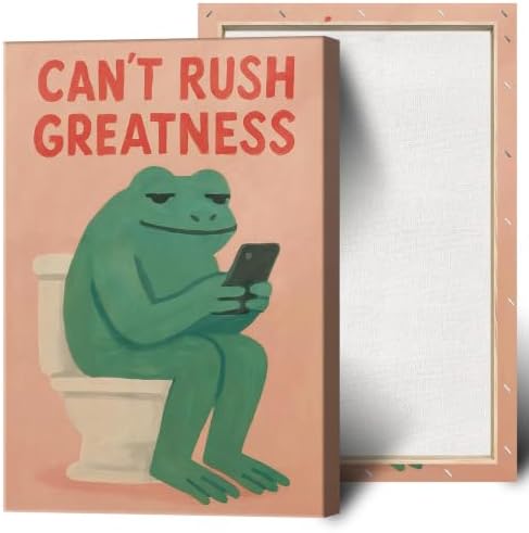 12x16in Wooden frame Can’t Rush Greatness Frog On Toilet Wall Art Funny Bathroom Frog Animal Painting Canvas Poster Positive Inspirational Quotes Decor Prints Pictures For Home Bedroom Dorm Wall Decor