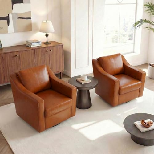 Blissabod Swivel Accent Chairs Set of 2, Comfy Round Barrel Arm Chair for Living Room, Modern Faux Leather Club Single Sofa Chair for Bedroom-Light Brown