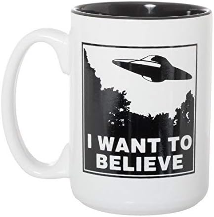 I Want To Believe UFO Mug - UFOs Aliens Extraterrestrials Space Mug - 15 oz Deluxe Double-Sided Coffee Tea Mug (White/Black Inlay)