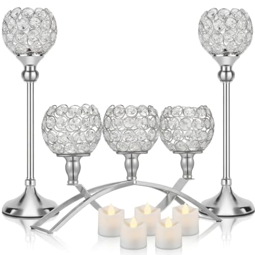 DARCKLE Silver Crystal Candle Holders, Decorative Arch Candelabra Centerpieces for Tables, 3-Arm Candlesticks Holder and 2 Glass Holders, Silver Table Decor for Wedding, Party, Anniversary